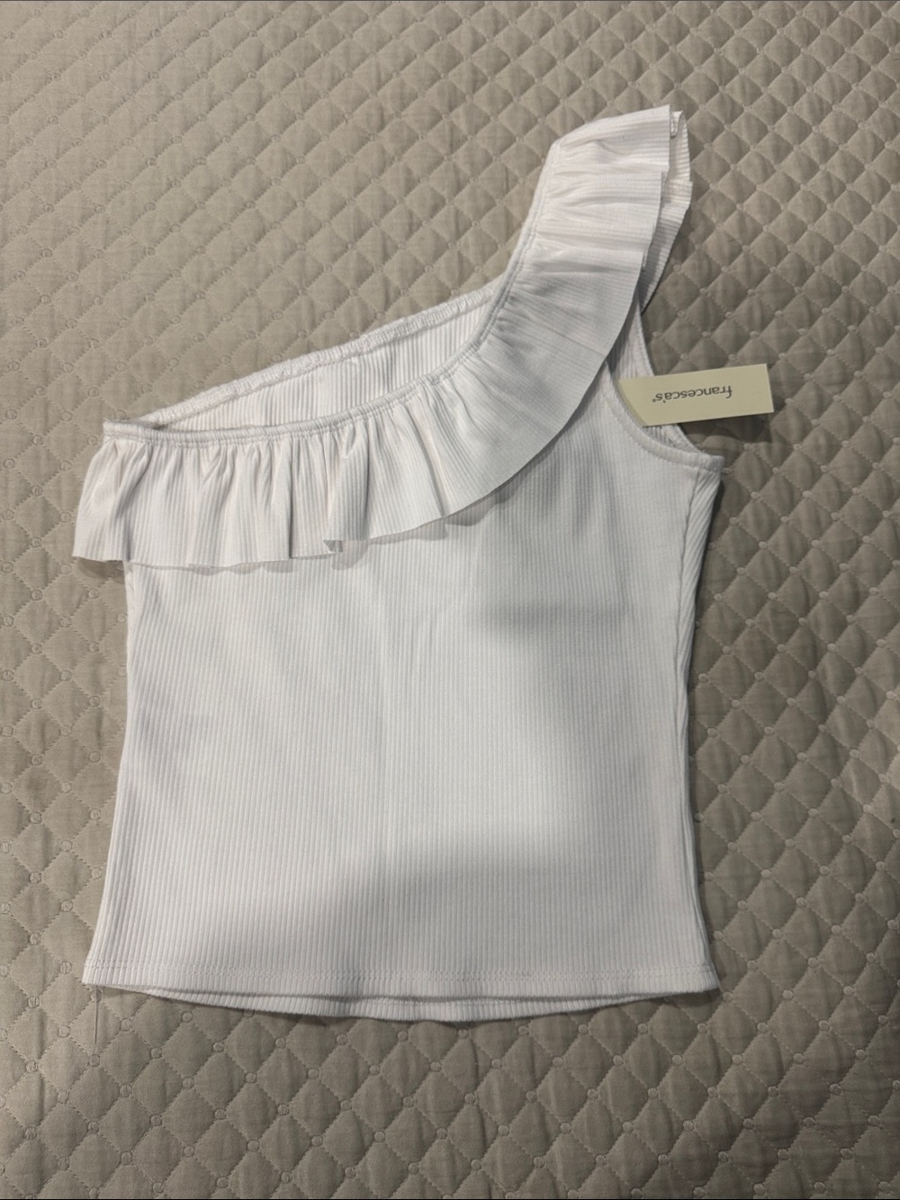 Francesca's Collections White One-Shoulder Ruffle Tank - Picture 5 of 6